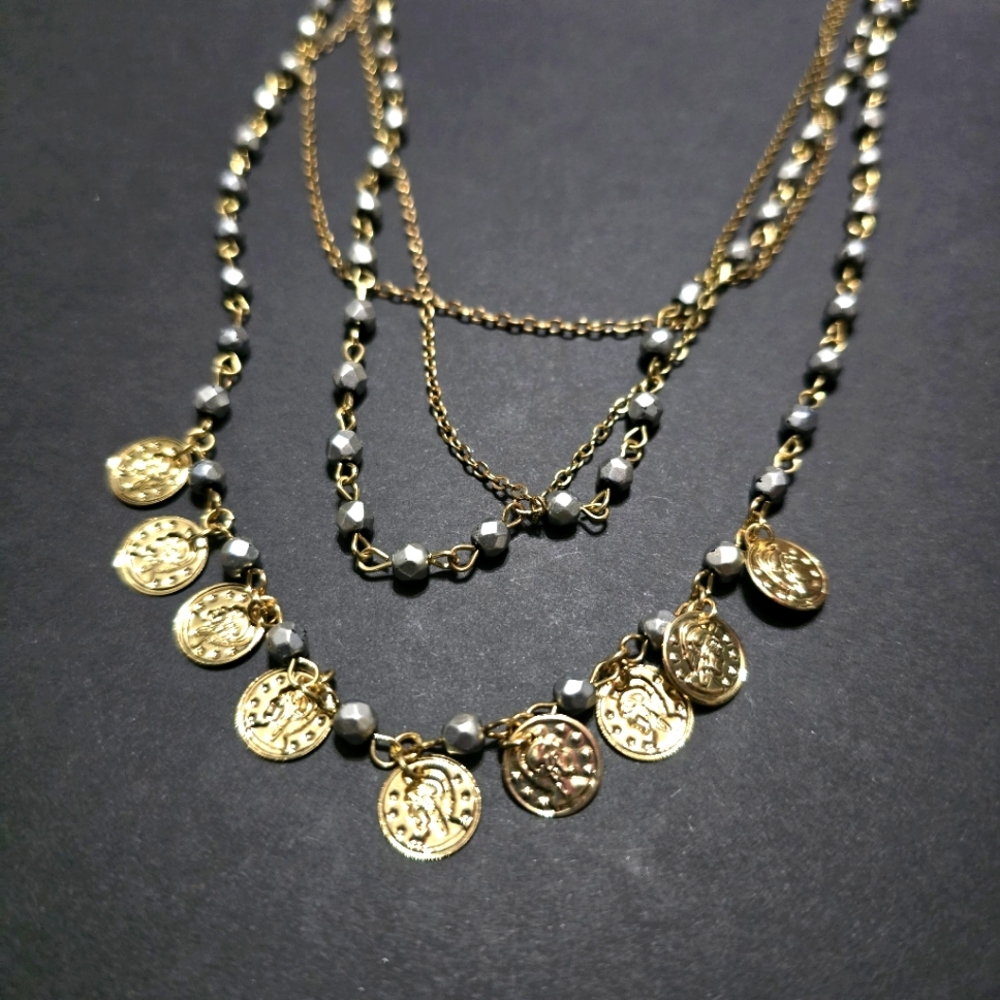 $5 with Bundle 17" Layered Necklace with Dangling Coins, Beads, Chains